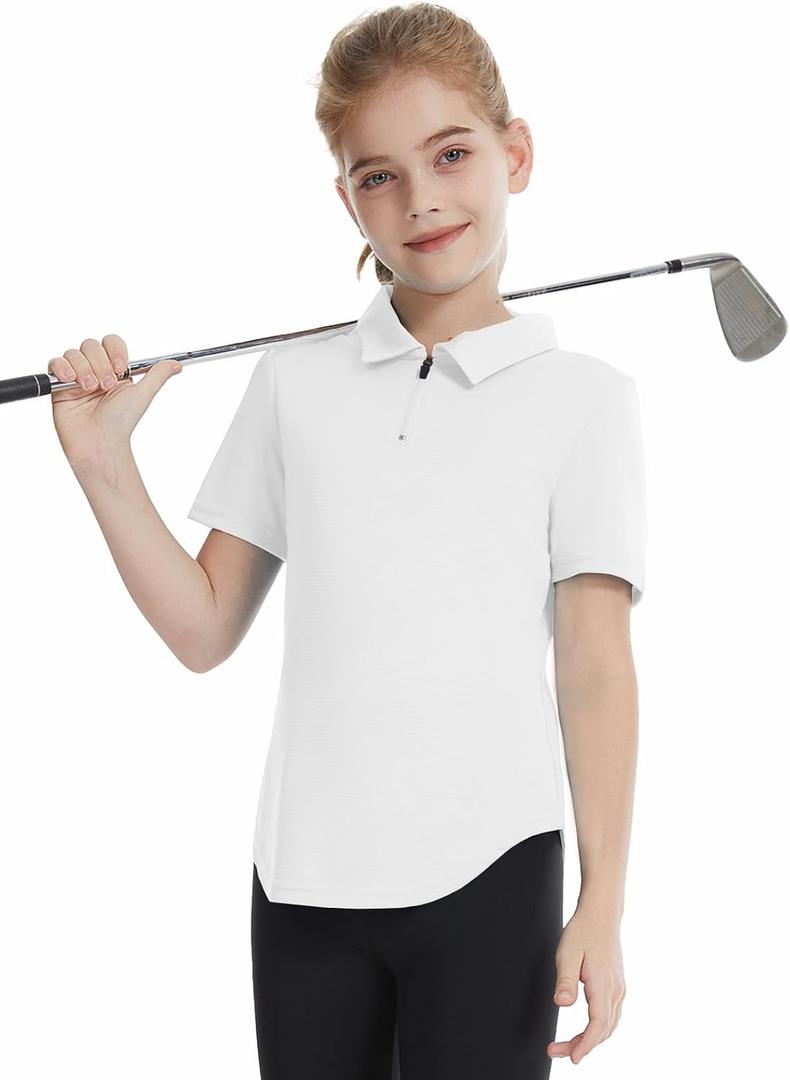 CharmWM Girls Golf Shirts Short Sleeve Polo Tops V-Neck 1/4-Zip with Collar Shirts Tennis Outfits 3-14 Years
