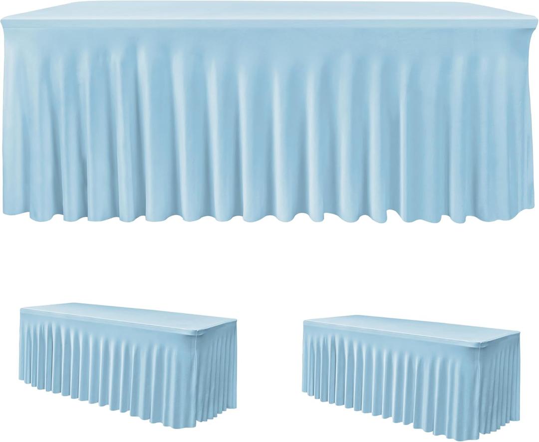 HolidayIdeas Floor Length 6ft Spandex Tablecloth 2 Pack Fitted Stretch Table Skirts 30x72 Inch, Ruffle Design Wrinkle-Free Polyester Table Cover for Weddings Parties Banquets Events,Baby Blue, 2 Pcs