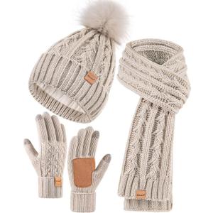 Womens Beanie Hat Scarf Gloves Set, Fleece Lined Winter Hat with Pom Pom, Long Knit Scarf Touchscreen Gloves for Cold Weather