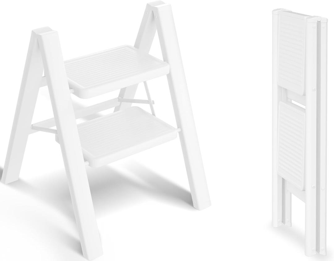2 Step Ladder, Folding Step Stool, Lightweight Stepladder, White