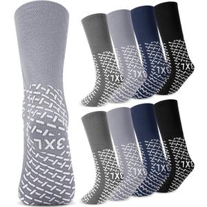 8 Pair Extra Width Hospital Sock for Men with Grip, 3 XL Winter Non Slip Warm for Diabetic Patient Elderly Nurse (Dark Gray, Light Gray, Dark Blue, Black)