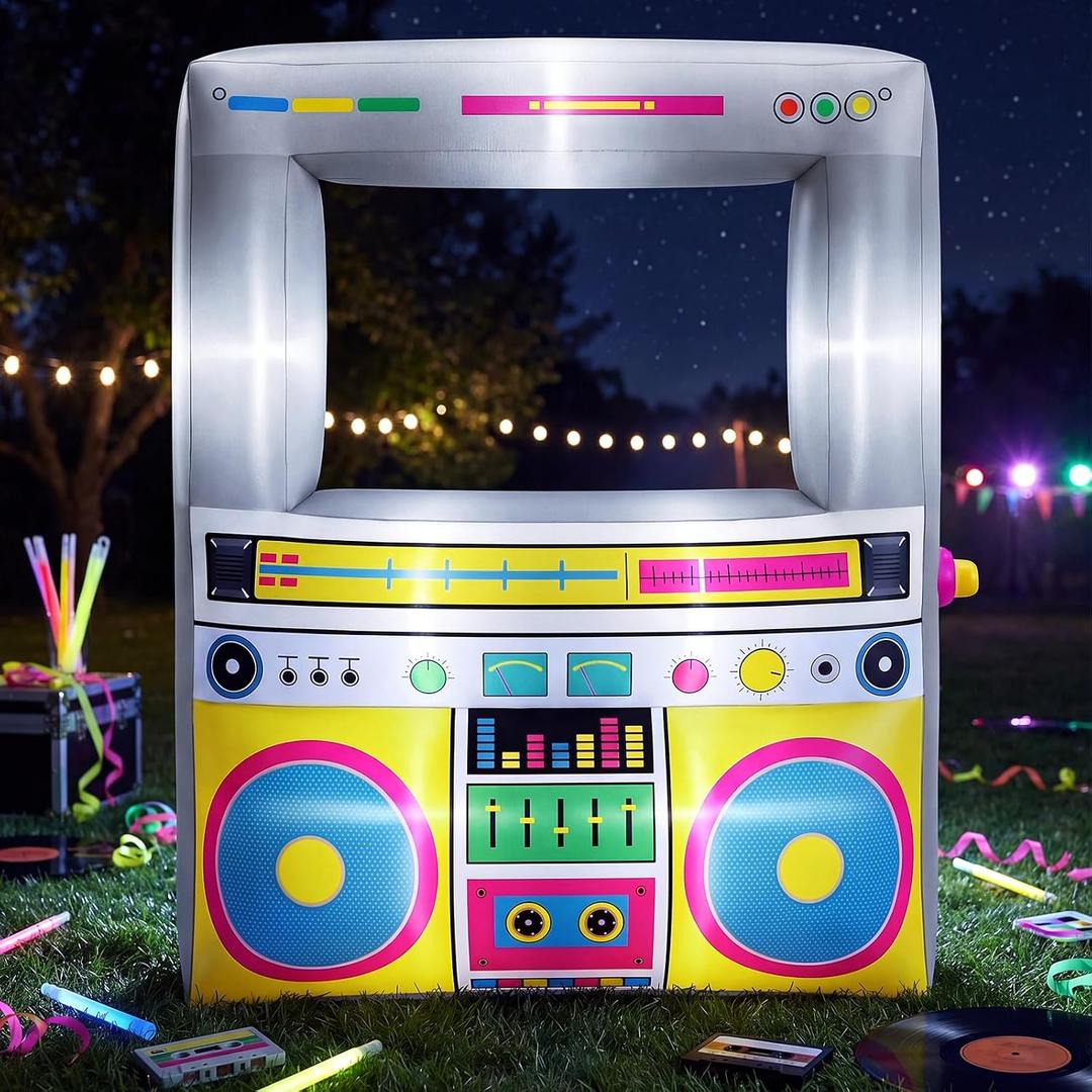 Soulchen 6 x 5 ft Inflatable Radio Boombox Decor with Built in LEDs Lighted and Air Blower, 80's 90's Party Decoration Blow up Giant Boombox for Hip Hop Birthday Disco Photo Props(Radio,Yellow)