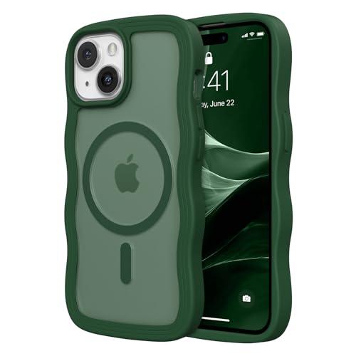 ZTOFERA for iPhone 14 Plus/15 Plus Phone Case Compatible with MagSafe, Curly Wave Frame & Matte Translucent Hard Back, Soft Silicone Bumper Shockproof Protective Magnetic Phone Cover-Dark Green