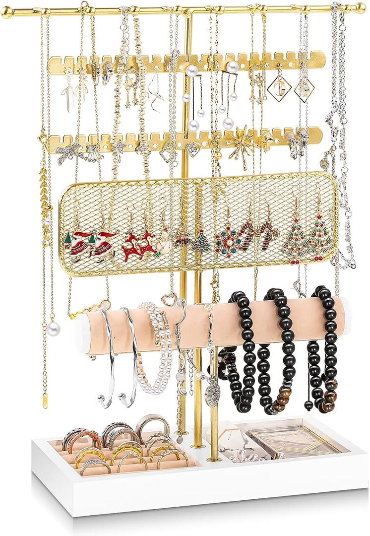 Dntorx 3 Tier Jewelry Stand Holder Organizer, Jewelry Holder Storage Display T Bar Beige Velvet Bracelet Holder Jewelry Tower for Necklace, Earrings, Bracelet, Rings, Watches