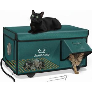 Indestructible Heated Cat House for Outside Cats Winter, 100% Weatherproof, Safe Escape Door, Insulated Outdoor Cat Shelter with Heater for Feral Barn Cat Kitty (Forest Green, 26"x17"x14")