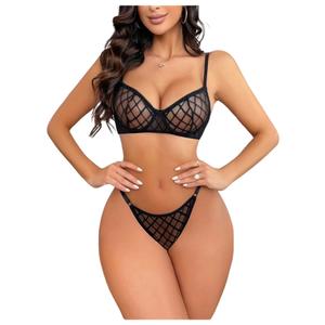SOLY HUX Women's Sheer Mesh Sexy Lingerie See Through Underwire Bra and Panty 2 Piece Underwear Set Plain Black Small (Black, S)