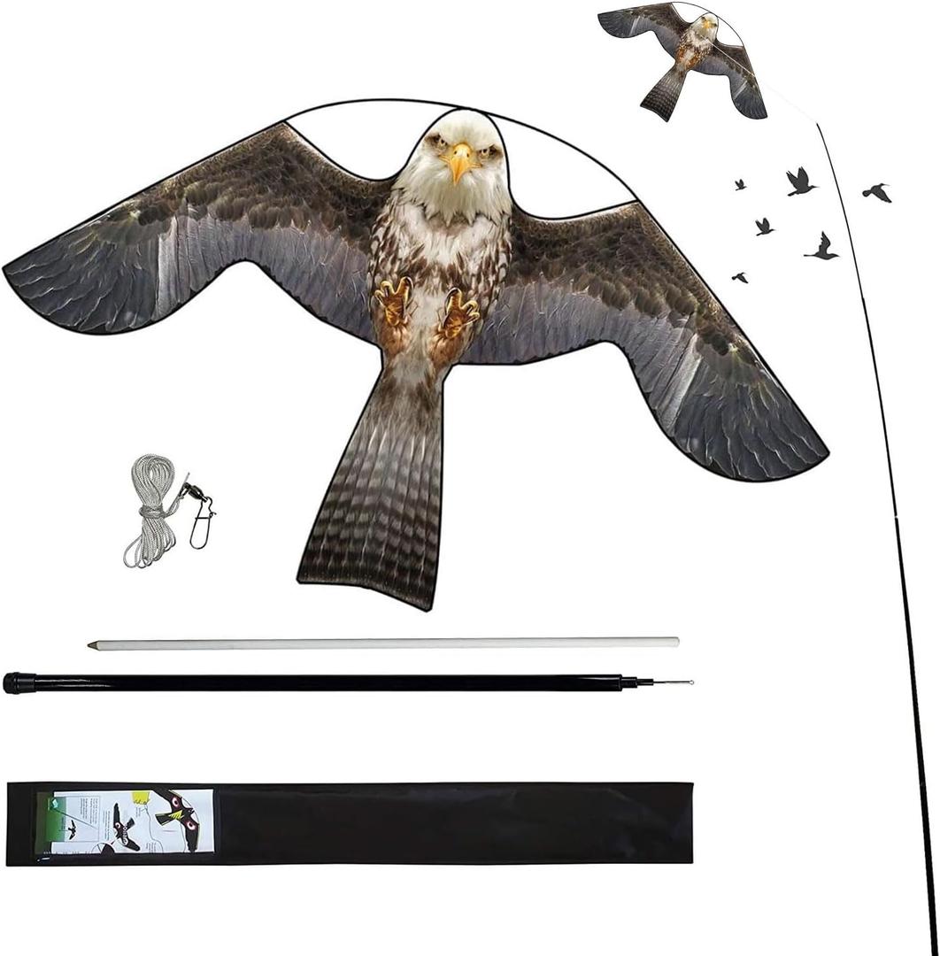 Bird Hawk Flying Kite with Pole Crop Protector Bird Scare Flying Kite with 4m Pole Has The Effect of Scaring Birds (Gray)