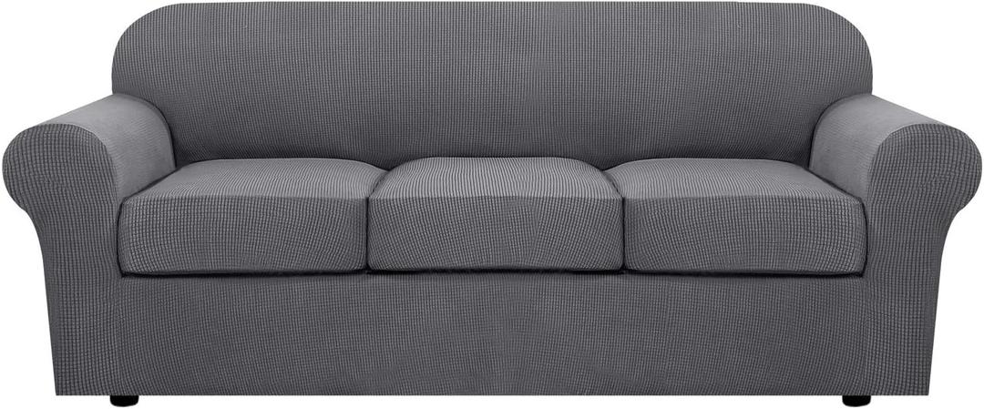 H.VERSAILTEX 4 Piece Stretch Sofa Covers for 3 Cushion Couch Covers for Living Room Furniture Slipcovers (Base Cover Plus 3 Seat Cushion Covers) Upgraded Thicker Jacquard Fabric (Sofa, Grey) (Large)