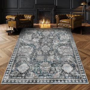 Washable Area Rugs - Perfect for Living Room, Bedroom, Kids Room, Nursery - Stain & Water Resistant Non-Slip, Pet & Child Friendly, Vintage Tribal Area Rugs (Grey and Bule, 9' x 12')