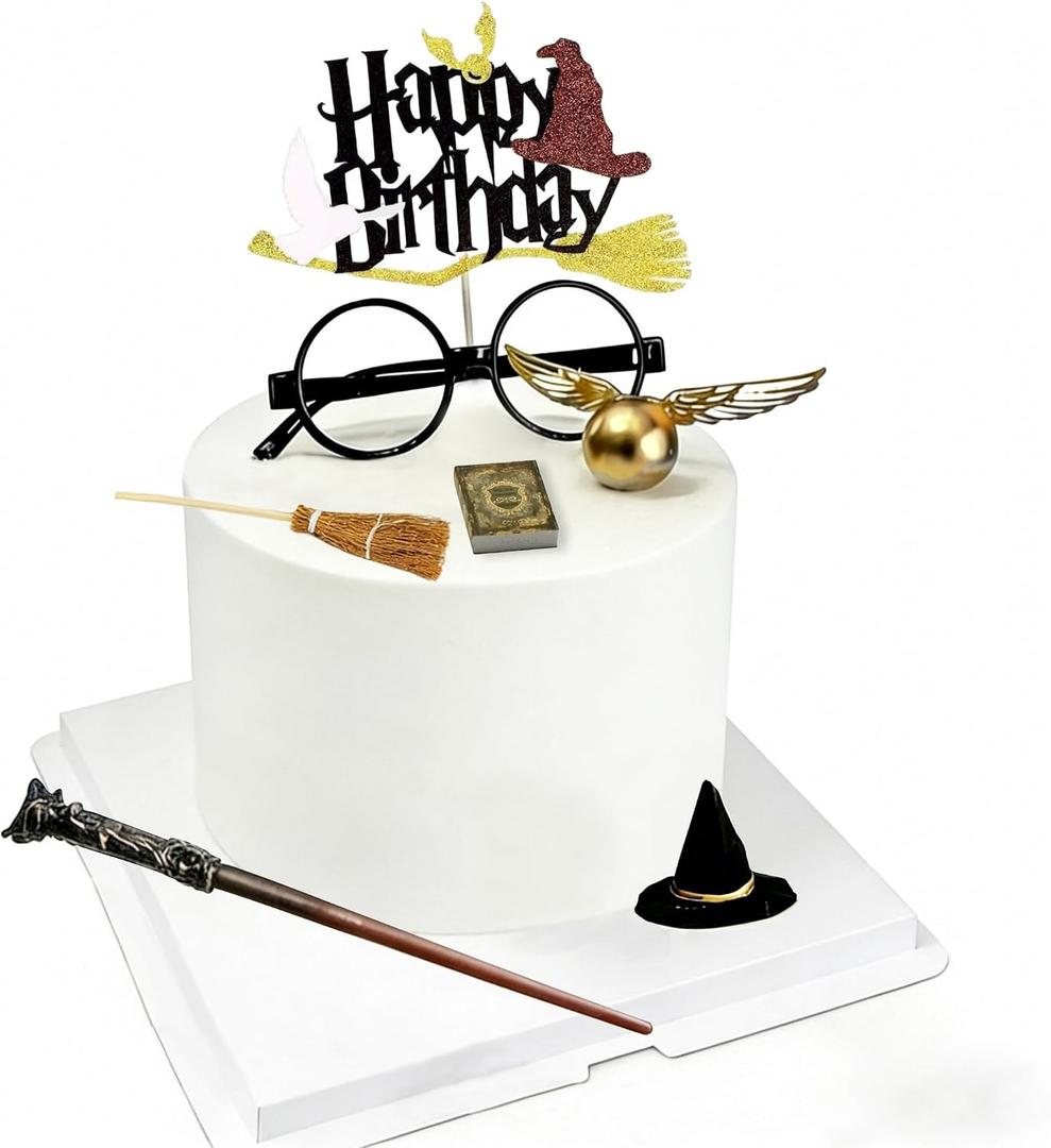 Wizard Theme Birthday Cake Topper Decoration Set with Wizard Glasses Wand Broom Wings Balls Hat Book Accessories for Party Supplies, Standard