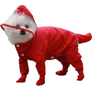 Dog Raincoat with Hood, Waterproof Full-Coverage Reflective Rain Jacket Quick-Drying Rain Poncho and Shoes for Small Medium Large Dogs,Red,S (SBack Length 8'')