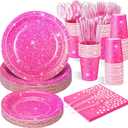 Hushee 350 Pcs Hot Pink Holographic Print Party Supplies Guests Disposable Dinnerware Set Include Paper Plates, Napkins, Cups, Plastic Cutlery for Wedding Birthday Disco Bachelorette