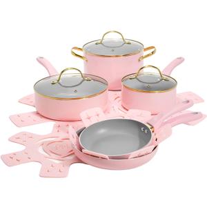 Paris Hilton Epic Nonstick Pots and Pans Set, Multi-layer Nonstick Coating, Tempered Glass Lids, Soft Touch, Stay Cool Handles, Made without PFOA, Dishwasher Safe Cookware Set, 12-Piece, Pink