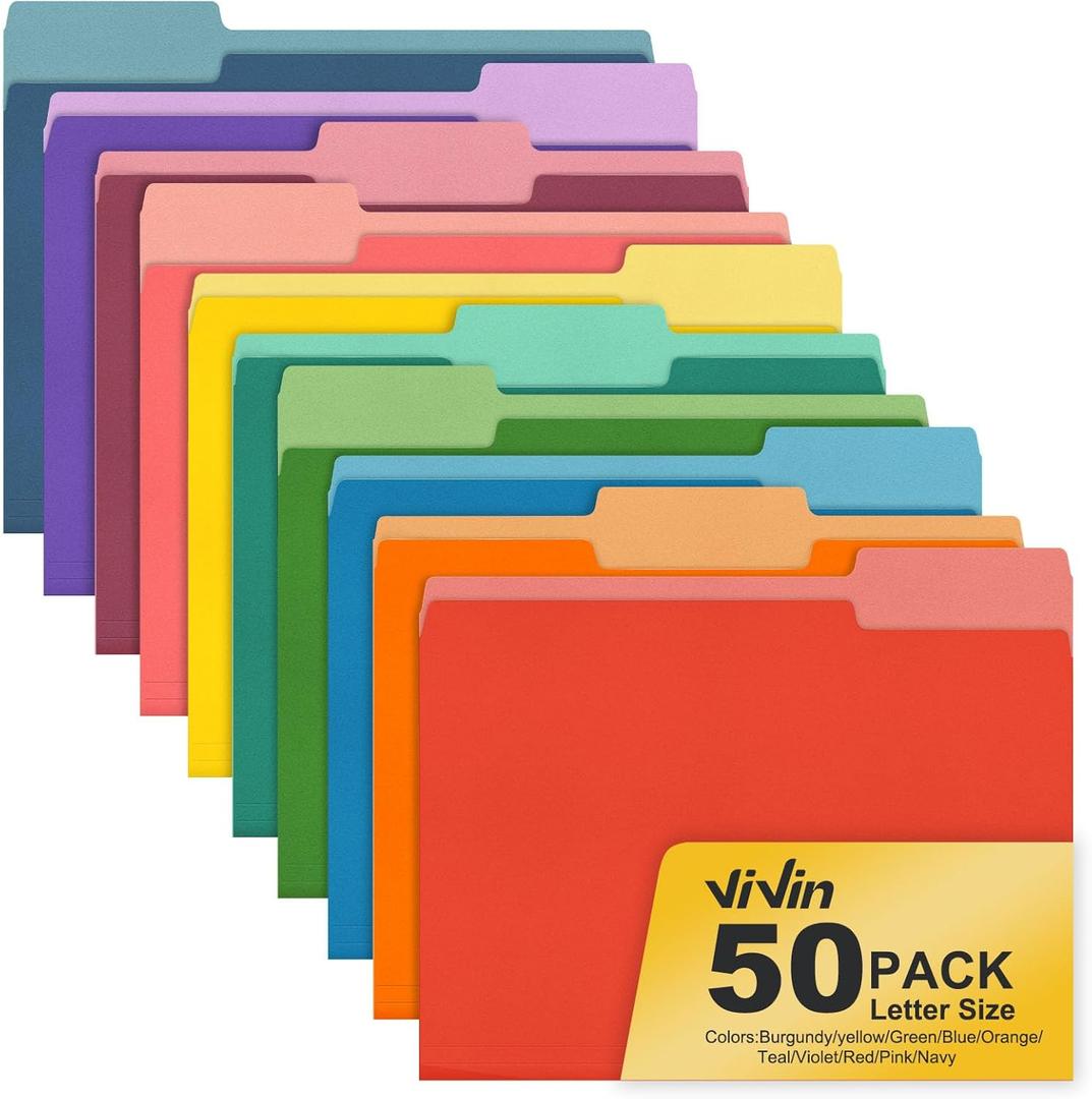 ViVin File Folder, 50 Pack Colored File Folders with 1/3-Cut Tabs, Fits 8.5 * 11 Letter Size Paper, Manilla Folders for Home Office School Documents(Multicolored)