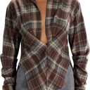GORGLITTER Women's Plaid Cinched Waist Tops Collared Long Sleeve Shirt Fitted Checkered V Neck Causal Work Blouses (Large, Blue and Brown)