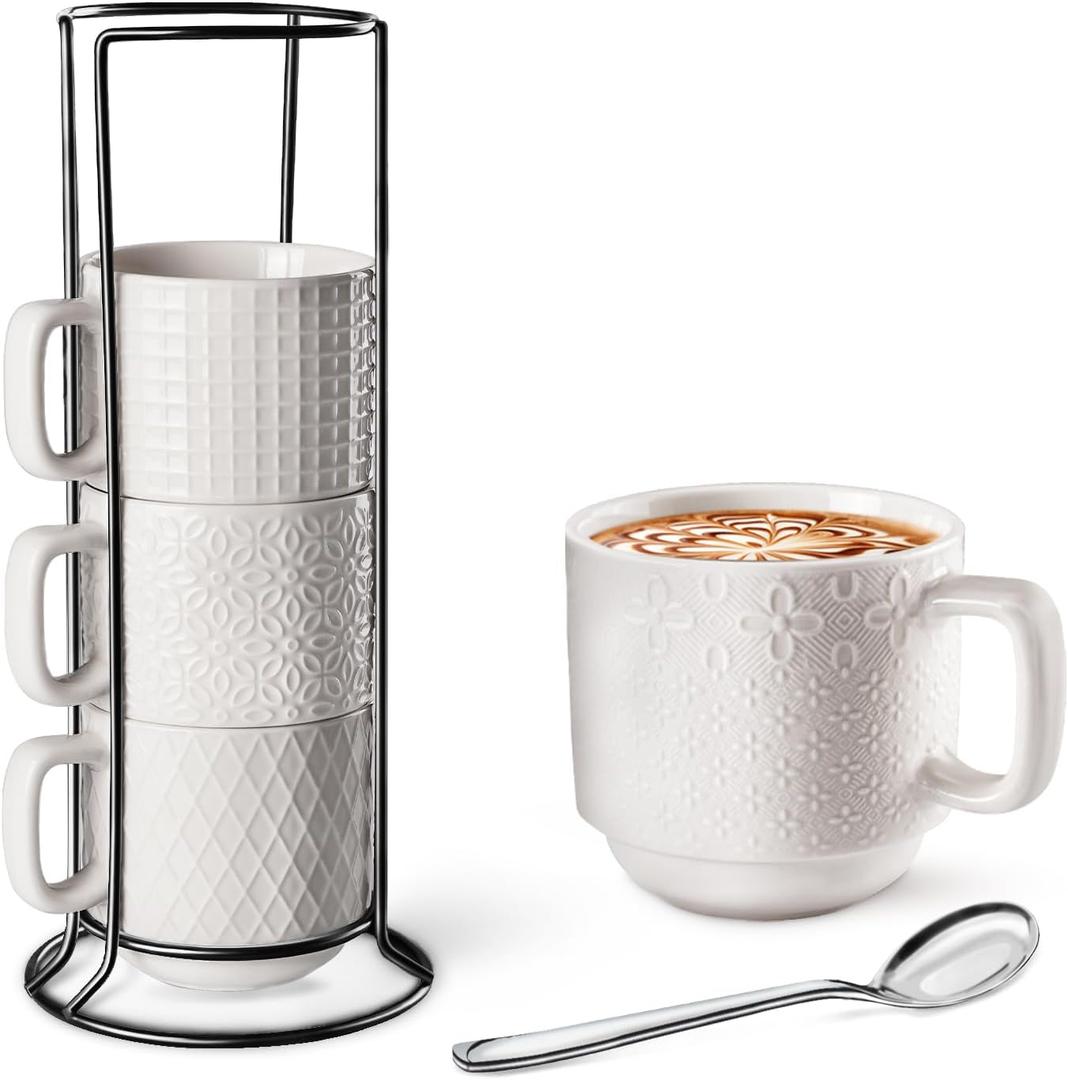 Large Coffee Mug Set of 4 with Stand and Spoons – 14oz Heavy Duty Ceramic Cups for Breakfast Coffee, Hot Drinks, Cocoa – Microwave & Dishwasher Safe – Big Porcelain Mugs Gift for Home Use