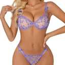 Lilosy Sexy Underwire Cute Push Up Strappy Embroidered Mesh Sheer Lingerie Set See Through Panty Bra (L)