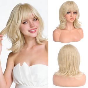 Haloo Blonde Short Bob Wigs with Bangs Shoulder Length Wavy Layered Flipped Ends Natural Looking Medium Synthetic Hair Wig for Women Daily Party, 14 Inch Platinum Blonde