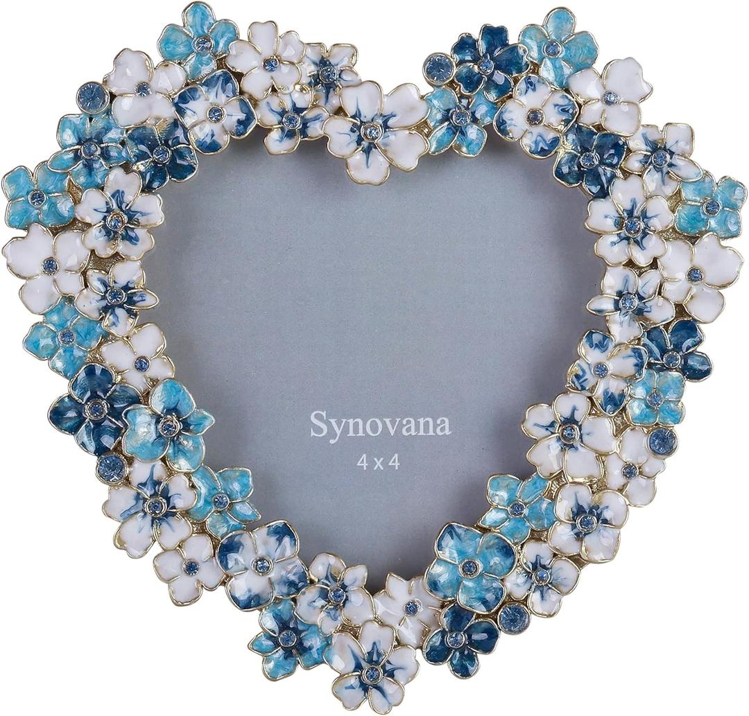 Blue Floral Picture Frame - 4x4 Heart-Shaped Blossom Photo Frame for Anniversary, Tabletop Display Gift