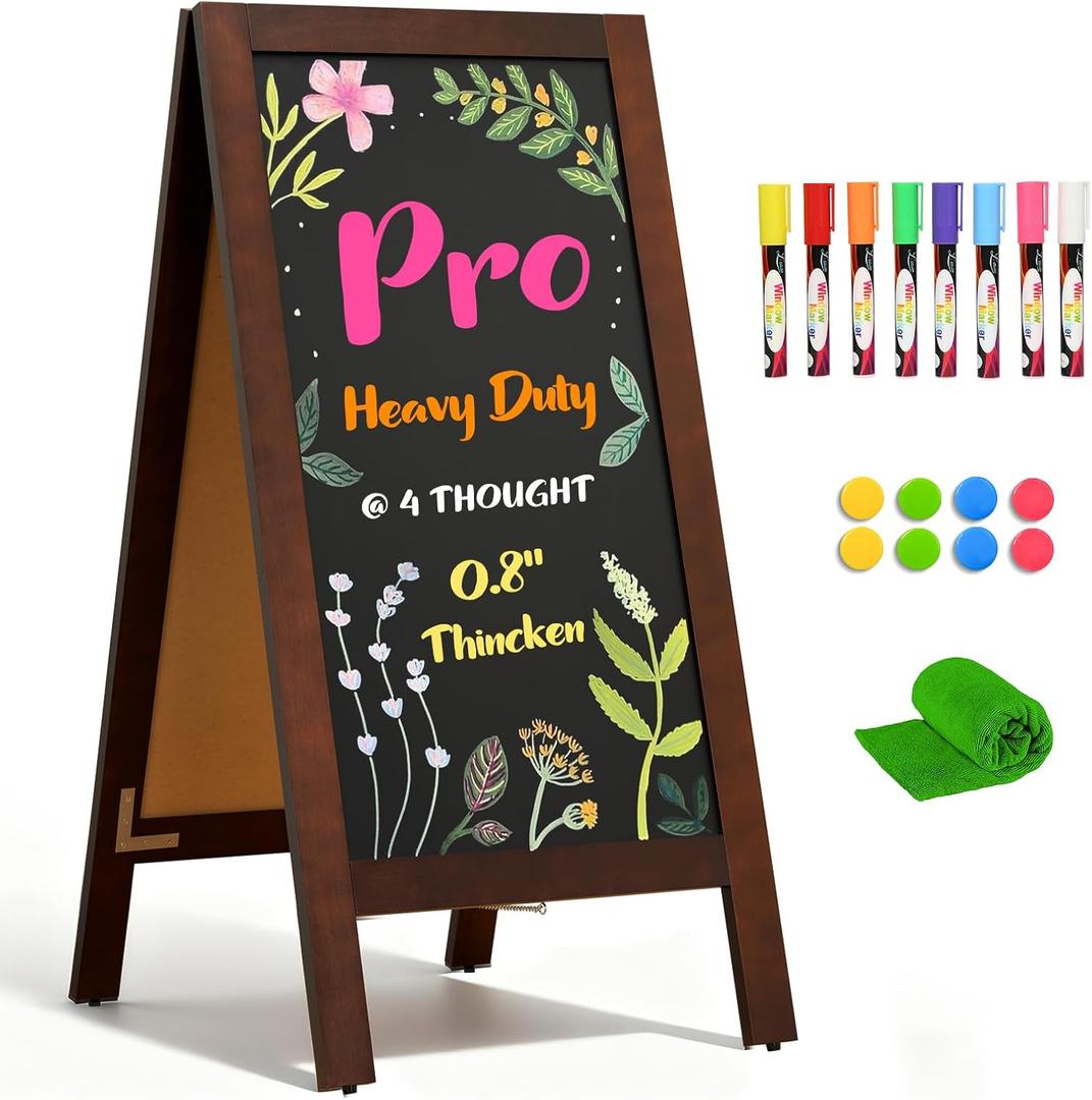 4 THOUGHT Heavy Duty A-Frame Magnetic Chalkboard 40"x20", 0.8" Thickened Solid Pine Wood Sandwich Board, Sturdy Windproof Standing Sign for Outdoor Restaurants, Cafes (Brown)