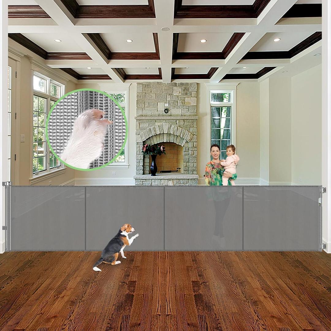 Reinforced 37" Tall x 155" Extra Wide Retractable Baby Gates with Reinforced Rods, 13ft Extra Wide Dog Gate Prevents Crawling Under, Retractable Pet Gate Retractable Fence Garage Gates for Dogs/Gray