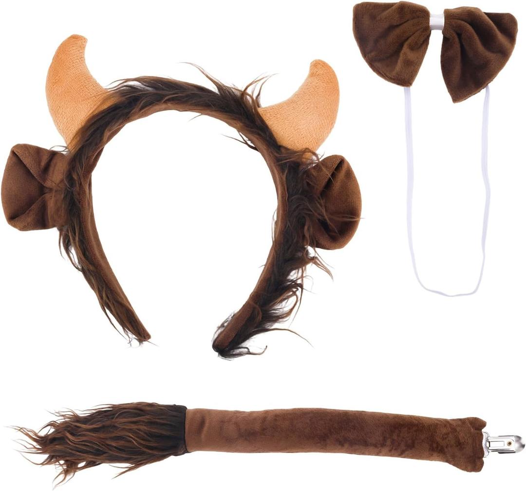 Bull Horns Headband, Bull Ear Headband With Tail Bow Tie Funny Cosplay Party Halloween Ox Costume Accessories Halloween Party Props for Kids Adults (Brown)