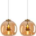 Amber Glass Pendant Lights Kitchen Island Gold Hanging Light Fixture Glass Globe Pendant Light Modern Pendant Lighting for Dining Room Bedroom Kitchen Island (7.87", 2 Pack)