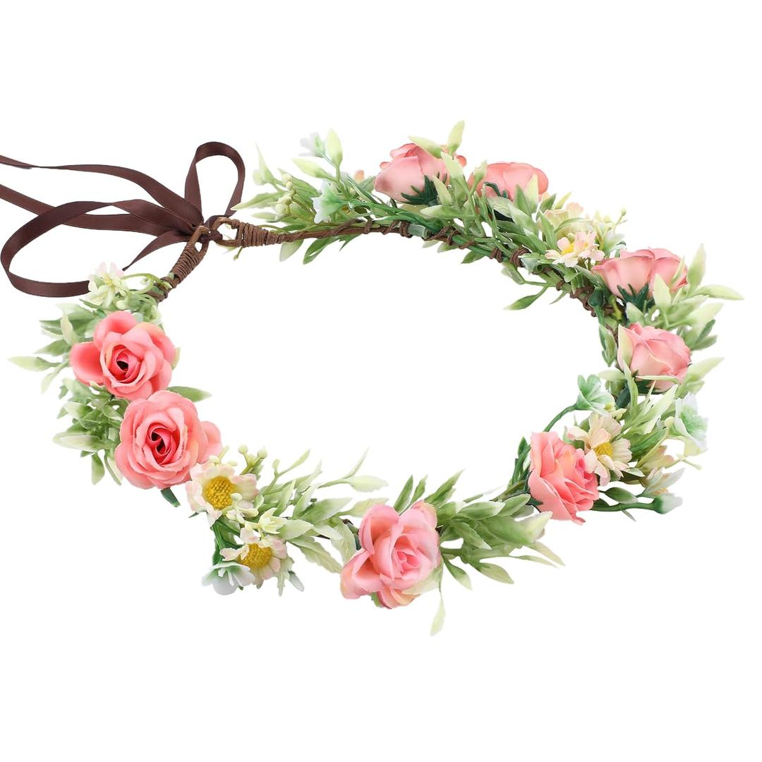 Handmade Fairy Flower Crown - Fashion Pink Flower Headband Mini Rose Hair Wreath Women Girls Floral Headpiece for Wedding Festival Halloween Cosplay