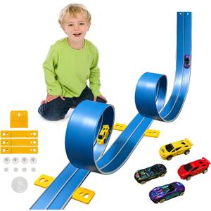 15 Ft Flexible Race Car Track (Daytona Blue) for Kids,Flex Track Starter Set Compatible with Hot Wheels and Diecast 1/64th Cars,Portable Racetrack Roll Up Race Track with 4 Racecars and Suction Cups