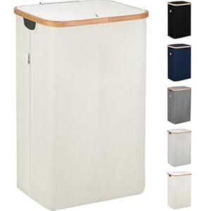 LONBET Laundry Basket with Lid, Made from Breathable Fabric | Aesthetic Clothes Hampers for Laundry with Side Handles & Sturdy Bamboo Frame (26 Gallons - Single, Beige)