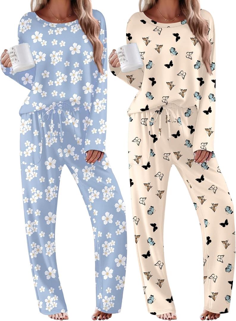 Ekouaer 2 Pack Womens Pajama Sets Long Sleeve Sleepwear Long Pants Loungewear Soft Pjs Set with Pockets (Medium, Light Blue Daisy/Apricot Butterfly)