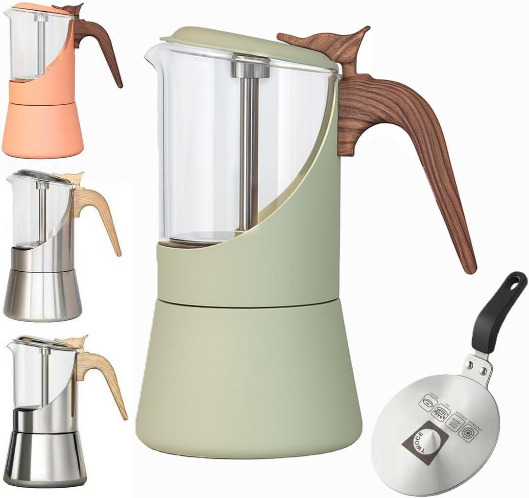 Glass Moka Pot for Stovetop & Induction - Italian Espresso Maker with Wood Handle & Leak-Proof Design - Comes with Induction Heat Diffuser Plate (6 Cup, Frosted 240ml)