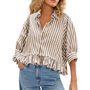 CHYRII Womens Summer Tops Dressy Casual Blouse Top Ruffled Short Sleeve Button Down Striped Shirt Tan M