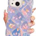 Qokey Compatible with iPhone 13 Case,Cute Laser Gradual Bling Love Heart Glitter Clear+Translucent Card Soft Wave Frame Anti-Falling 3D Thick Shockproof Phone Cover(for 13 6.1")