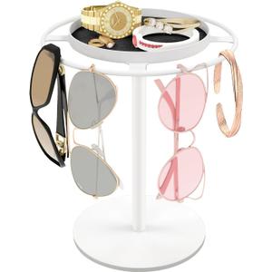 LSK Metal Sunglasses Organizer, Glasses Holder Stand with Storgae Tray, Eyeglasses Holder with Anti-Slip Pads for Tabletop, Desk, Dresser, White