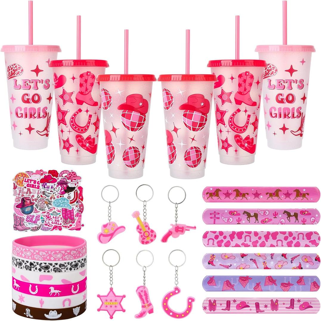 76 Pcs Cowgirl Party Favors Hot Pink Birthday Supplies for Girls with Cowgirl Cups Keychains Silicone Wristbands Slap Bracelets Stickers for Kids Adult