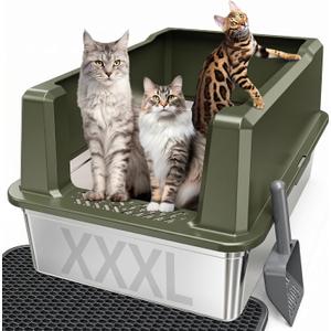 XXL Stainless Steel Cat Litter Box with Lid, 26" L x 18" W x 12" H Metal Litter Box with High Sides for Big Cats & Multiple Cats, Never Absorbs Odors, Anti-Urine Leakage, Easy Cleanin(Green)
