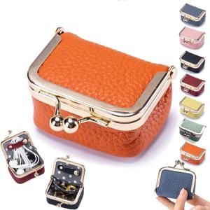 Leather Mini Jewelry Box, Portable Vintage Leather Coin Purse Jewelry Box with kiss Lock, Mini Travel Ring Box for Earrings/Rings/Necklaces/Bracelets (One Size, Orange)