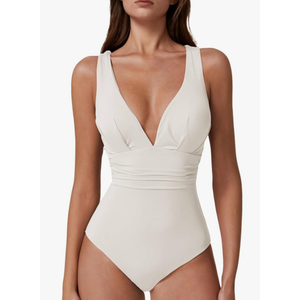 QINSEN Womens Sexy V Neck One Piece Bathing Suit Cross Back Swimsuit High Waist Monokini White XL