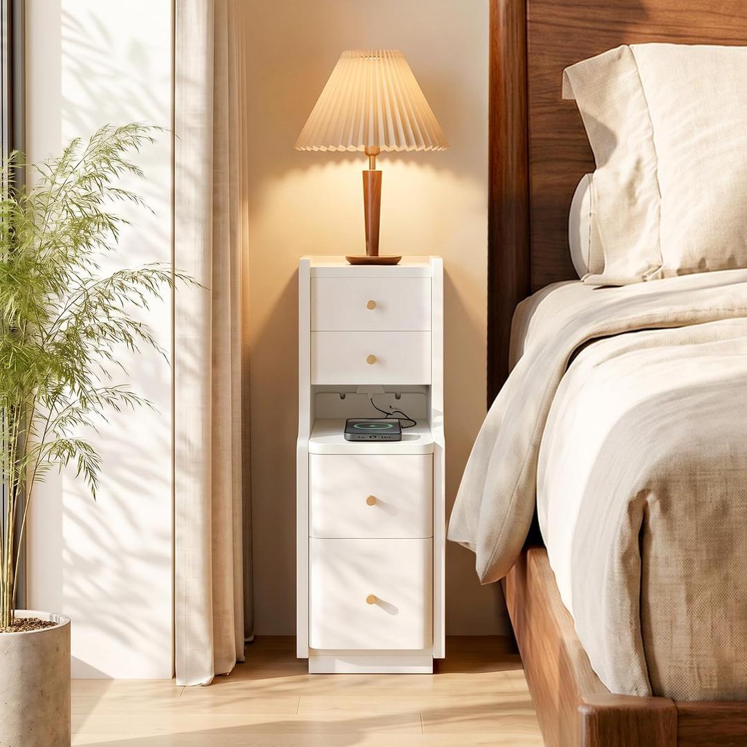Narrow Nightstand with 4 Drawers, 7.9" Solid Wood Narrow Bedside Table White with Open Shelf & Cable Hole, Modern Night Stand Slim Bedside Table for Bedroom(Fully Assembly), 7.9" x 15.75" x 26.9"
