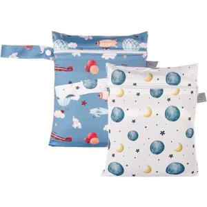 2pcs Waterproof Cloth Diaper GG Wet Dry Bags Travel, Beach, Pool, Daycare & More Ideal for Baby Essentials, Yoga, Gym, Wet Clothes (Graphic Print, Sky Airplane and Moon)