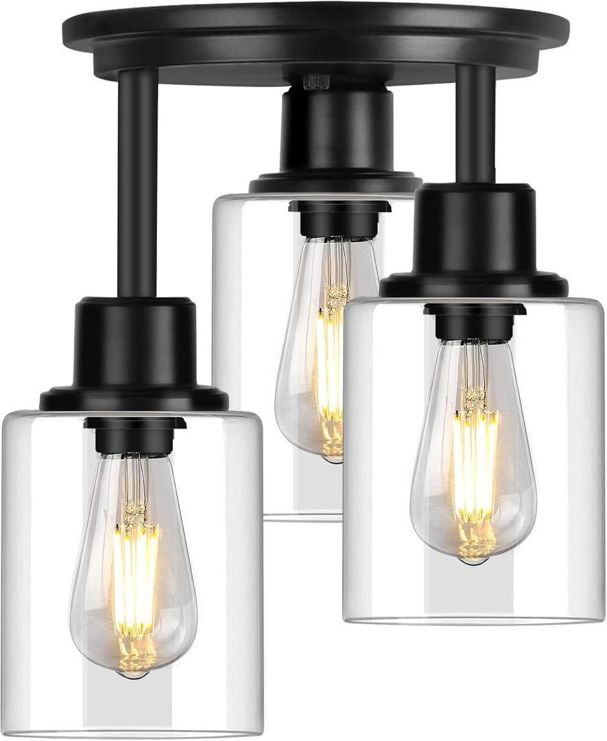 ROTTOGOON Semi Flush Mount Ceiling Light, 3-Light Close to Ceiling Light Fixtures, Matte Black Kitchen Light Fixtures with Clear Glass Shades, Hallway Light Fixtures Ceiling Mount for Foyer Entryway (9.5" x 13" (24cm x 33.8cm))