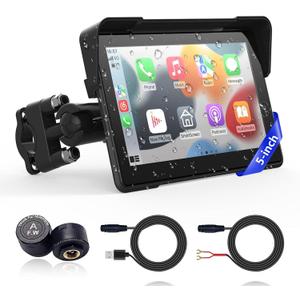 Wireless Motorcycle Apple Carplay,5 Inch Portable Motor GPS Navigation with Apple Carplay & Android Auto,Siri & Google Assistant, Anti-Glare/Bluetooth 5.2/ Voice Control/ IP69K Waterproof Touchscreen