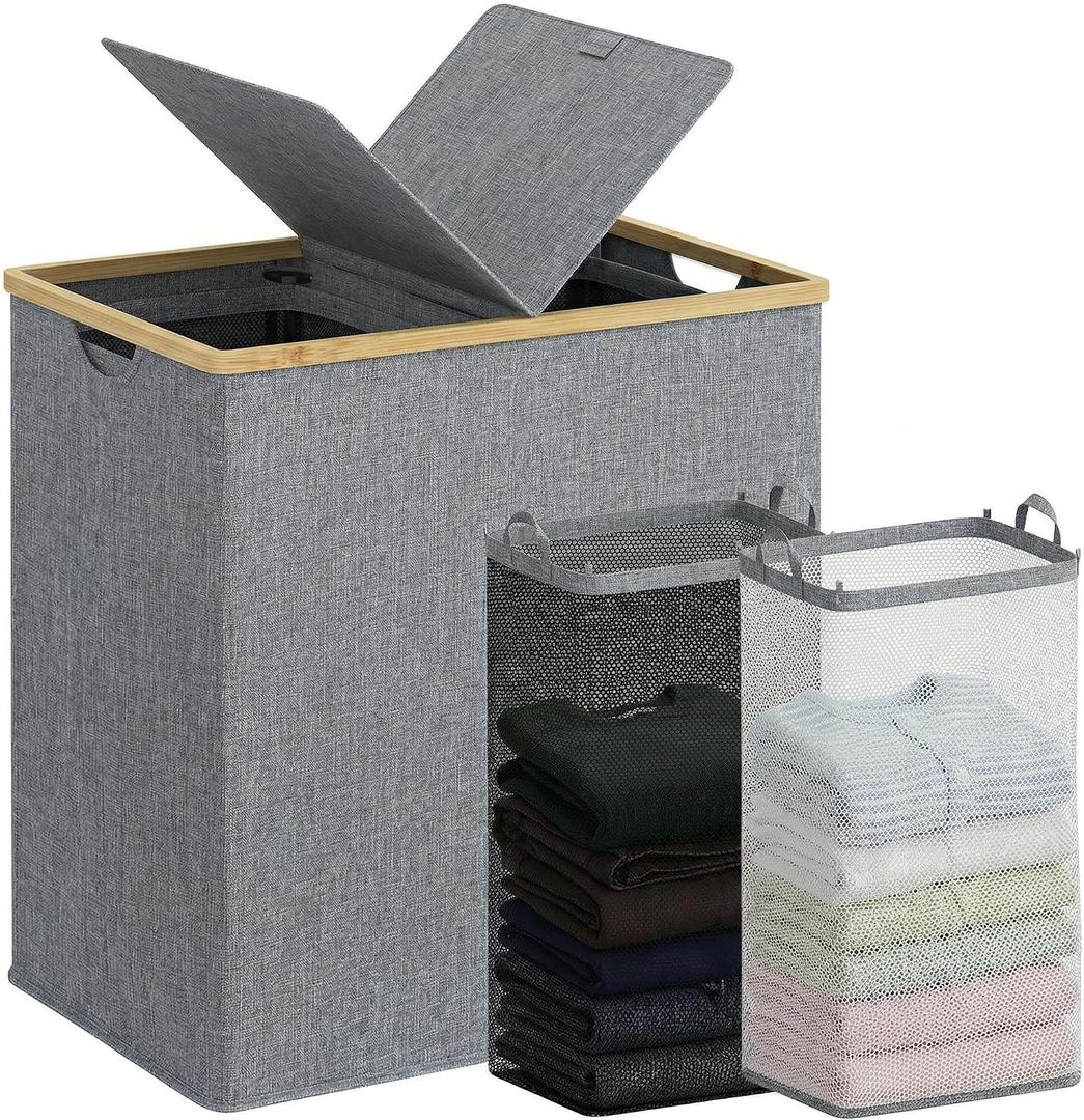 efluky Laundry Hamper with Lid, Double Laundry Hamper with 2 Removable Bags, 2 Section Laundry Basket with Bamboo Handles for Bathroom, Bedroom & Laundry Room, 140L (36.9 Gallon) Blue Grey, 140L Dual