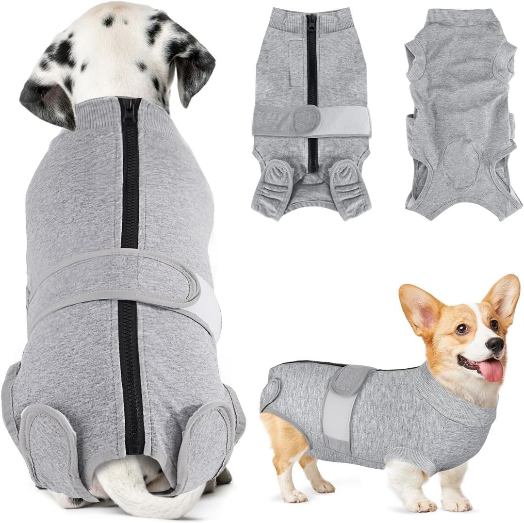 Lukovee Recovery Suit for Dogs, Zipper On Recovery Suit for Female Male Dog, Dog Onesie Abdominal Wounds Cone E-Collar Alternative Prevent Licking Spay Recovery Suit (Grey, Large)