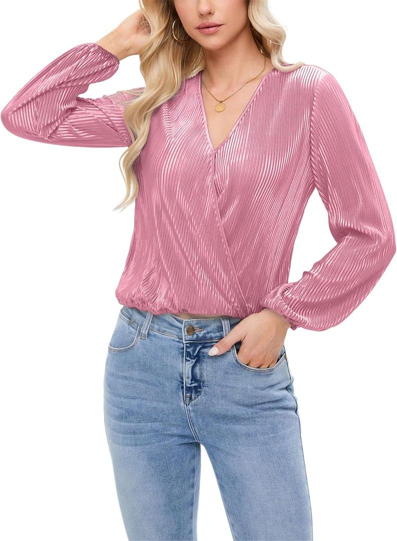 Women Long Lantern Sleeve Shirts Dressy Casual Loose Fit Fall V Neck Blouses Date Night Tops (Pink, L)