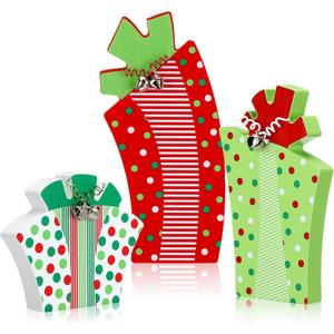 3 Pcs Christmas Table Centerpiece Decoration Red Green Wooden Gift Box Sign Rustic Sanding Tabletop Ornament with Bells for Holiday Xmas Farmhouse Fireplace Tiered Tray Decor