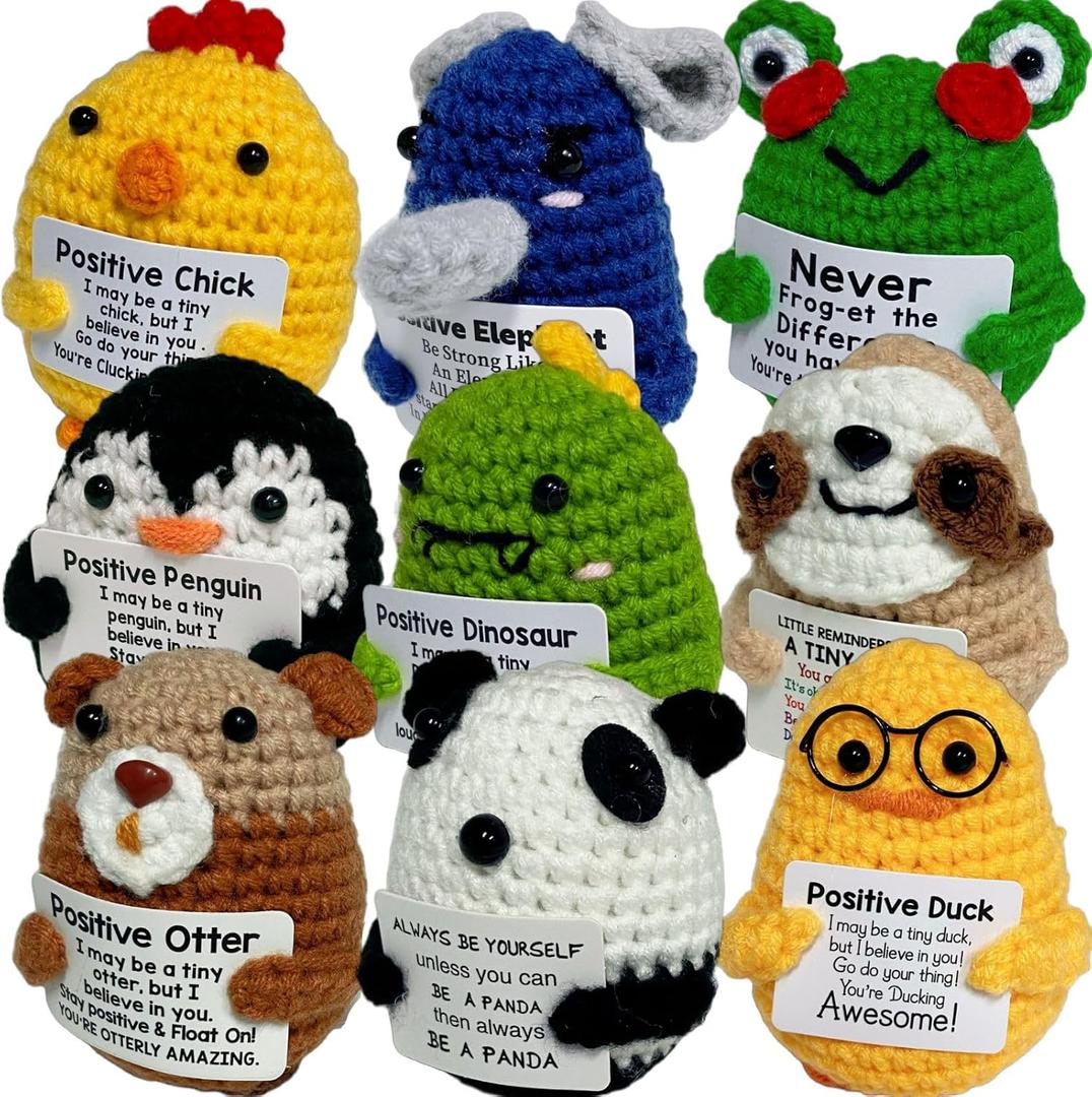 Hanj 9 Pcs Appreciation Gifts for Employee in Bulk, Positive Crochet Animal, Emotional Support Plush, Thank You Gift for Teachers Coworkers Friends