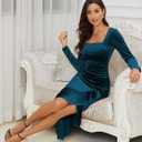 NASHALYLY Elegant Velvet Dress for Women,Sexy Long Sleeve Bodycon Mermaid Dress Ruched Cocktail Party Wedding Square Neck (Blue)