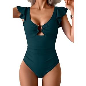 Eomenie Women's One Piece Swimsuit Tummy Control Bathing Suit Cutout Ruffle Slimming Swim Suit, M